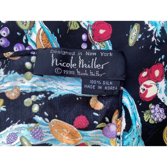1998 Nicole Miller 100% Silk Scarf 43" Fruit Water Splash Print Vintage Rare - Picture 7 of 16